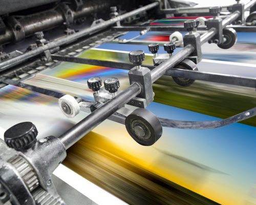 Magazine, Brochure, Poster, Flyer print. Polygraphic process in a modern printing house